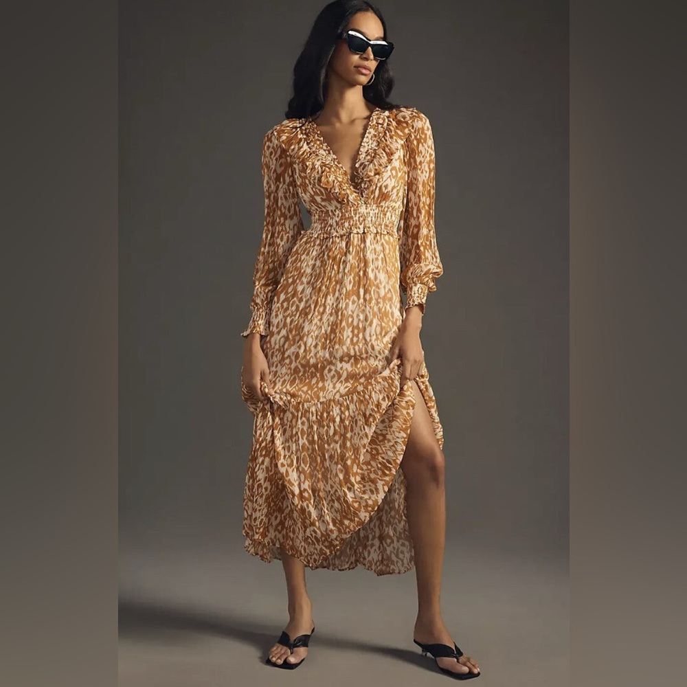 Anthropologie Hutch Ruffle V-Neck Maxi Dress Orange Ikat Animal Print Smocked XL